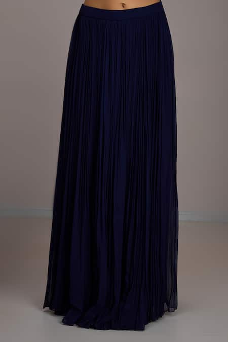 Maisolos_Navy Net, Georgette Embroidery Halter Neck Crop Top With Skirt _Online_at_Aza_Fashions