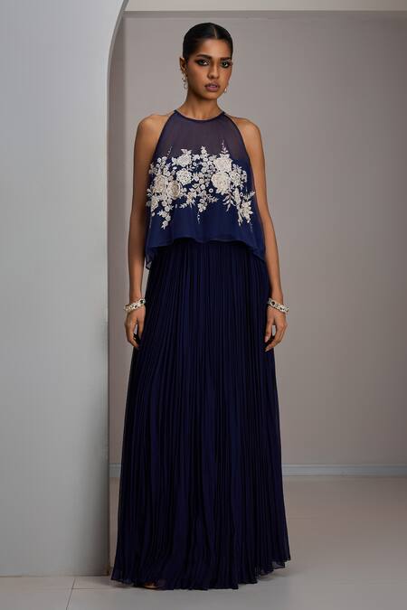 Buy_Maisolos_Navy Net, Georgette Embroidery Halter Neck Crop Top With Skirt _Online_at_Aza_Fashions