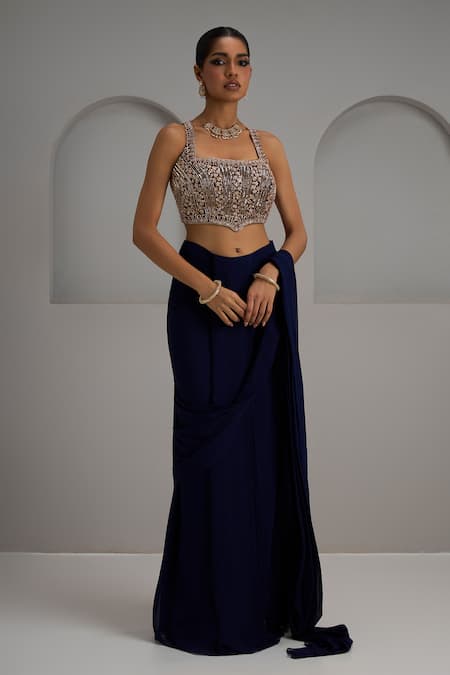 Maisolos_Navy Georgette, Net Embroidery, Beads, Hand Blouse With Pre-draped Saree _Online_at_Aza_Fashions