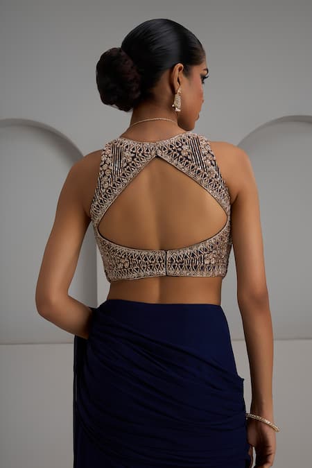 Buy_Maisolos_Navy Georgette, Net Embroidery, Beads, Hand Blouse With Pre-draped Saree _Online_at_Aza_Fashions