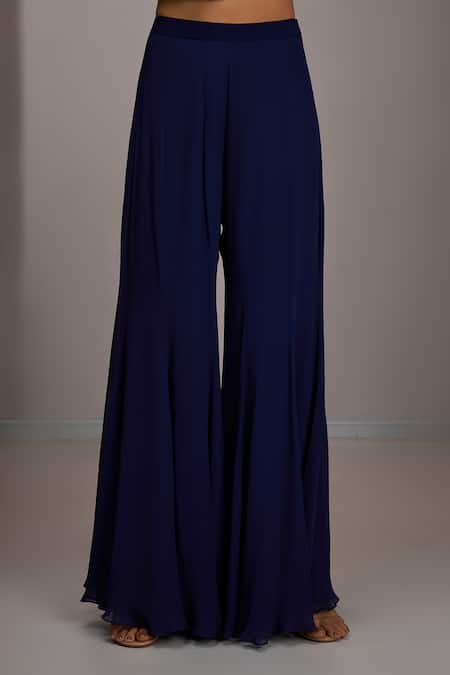 Maisolos_Navy Net, Georgette Embroidery Round Neck Floral Hand Jacket And Sharara Set _Online_at_Aza_Fashions