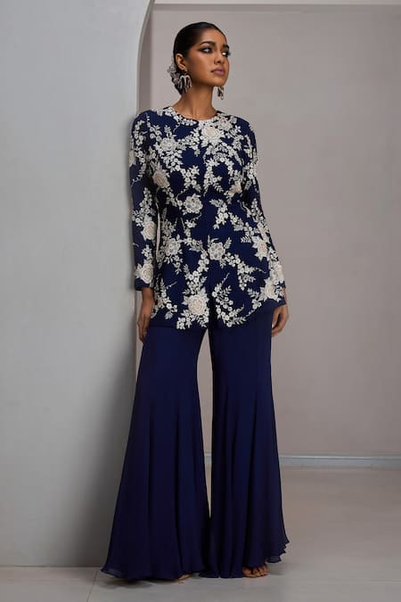 Buy_Maisolos_Navy Net, Georgette Embroidery Round Neck Floral Hand Jacket And Sharara Set _Online_at_Aza_Fashions