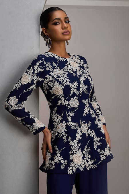 Shop_Maisolos_Navy Net, Georgette Embroidery Round Neck Floral Hand Jacket And Sharara Set _Online_at_Aza_Fashions