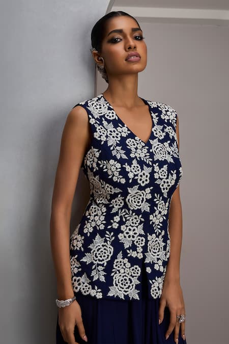 Maisolos Navy Net, Georgette Embroidery, Mirrors V-neck Ivory Jacket And Sharara Set Online at Aza Fashions Maisolos_Navy Net, Georgette Embroidery, Mirrors V-neck Ivory Jacket And Sharara Set _Online_at_Aza_Fashions