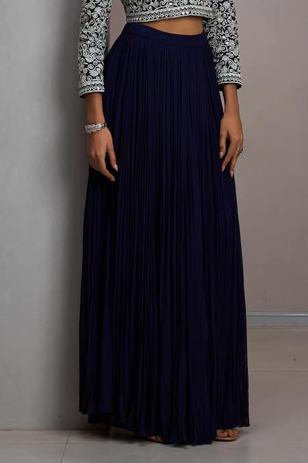 Maisolos_Navy Silk, Georgette Embroidery V-neck Cropped Jacket With Gathered Skirt _Online_at_Aza_Fashions