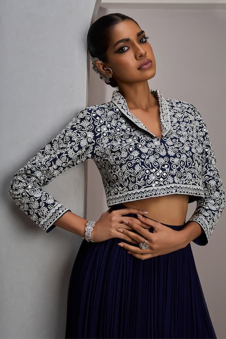 Buy_Maisolos_Navy Silk, Georgette Embroidery V-neck Cropped Jacket With Gathered Skirt _Online_at_Aza_Fashions