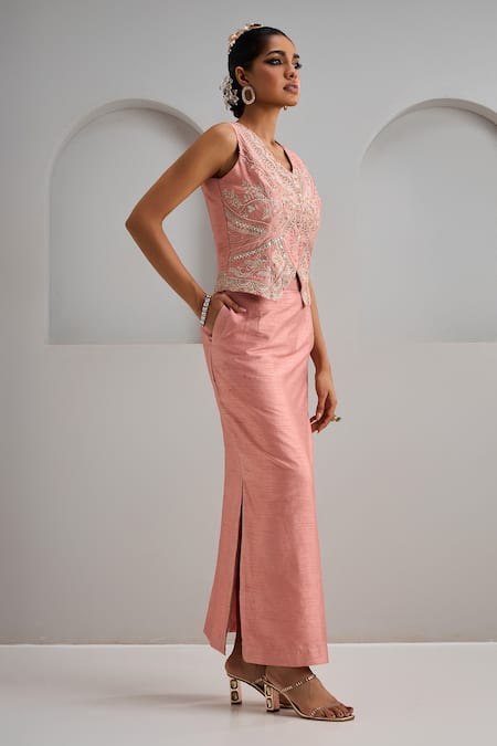 Buy_Maisolos_Pink Silk Mirrors, Embroidery V-neck And Thread Jacket With Skirt _Online_at_Aza_Fashions