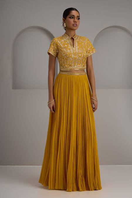 Maisolos_Mustard Silk, Georgette Embroidery, Sequins Mandarin Hand Blouse Skirt Set _Online_at_Aza_Fashions