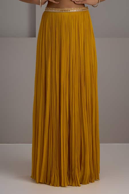 Buy_Maisolos_Mustard Silk, Georgette Embroidery, Sequins Mandarin Hand Blouse Skirt Set _Online_at_Aza_Fashions