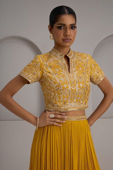Shop_Maisolos_Mustard Silk, Georgette Embroidery, Sequins Mandarin Hand Blouse Skirt Set _Online_at_Aza_Fashions