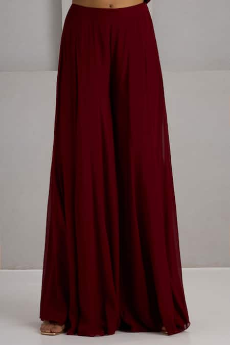 Maisolos_Maroon Silk, Georgette Embroidery, Sequins V-neck Hand Jacket And Sharara Set _Online_at_Aza_Fashions