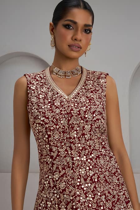 Buy_Maisolos_Maroon Silk, Georgette Embroidery, Sequins V-neck Hand Jacket And Sharara Set _Online_at_Aza_Fashions
