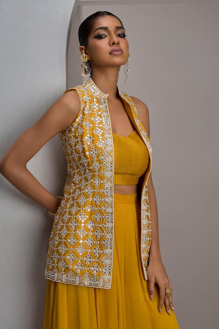 Shop_Maisolos_Mustard Silk, Georgette Mirrors, Embroidery Mandarin Hand Jacket Sharara Set _Online_at_Aza_Fashions