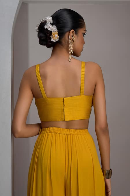 Maisolos_Mustard Silk, Georgette Mirrors, Embroidery Mandarin Hand Jacket Sharara Set _at_Aza_Fashions