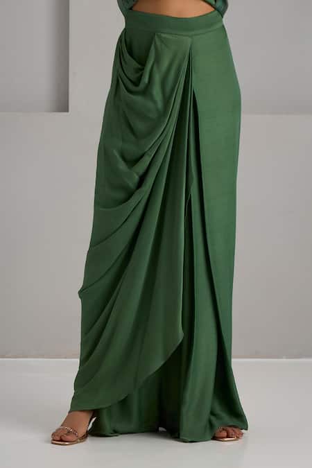 Maisolos_Green Silk, Crepe Mirrors, Embroidery High And Thread Jacket With Draped Skirt _Online_at_Aza_Fashions