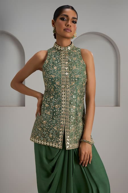 Buy_Maisolos_Green Silk, Crepe Mirrors, Embroidery High And Thread Jacket With Draped Skirt _Online_at_Aza_Fashions