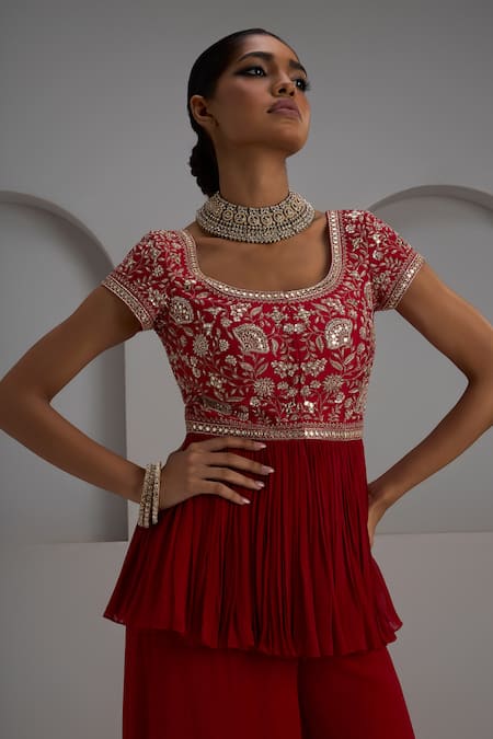 Maisolos_Red Georgette, Silk Embroidery, Sequins, Beads Peplum Kurta With Flared Pant _Online_at_Aza_Fashions