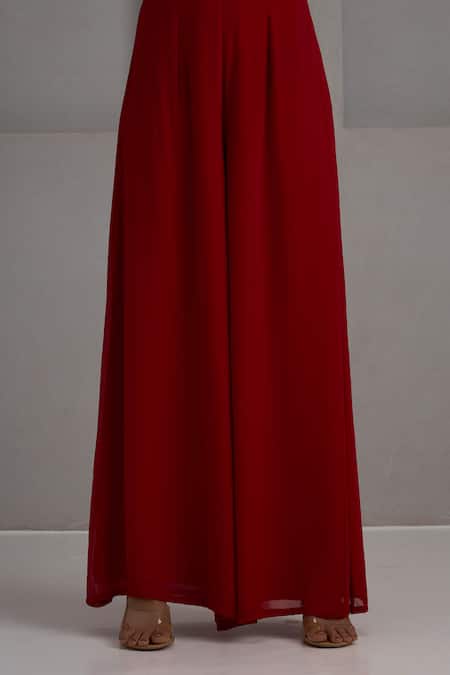 Buy_Maisolos_Red Georgette, Silk Embroidery, Sequins, Beads Peplum Kurta With Flared Pant _Online_at_Aza_Fashions