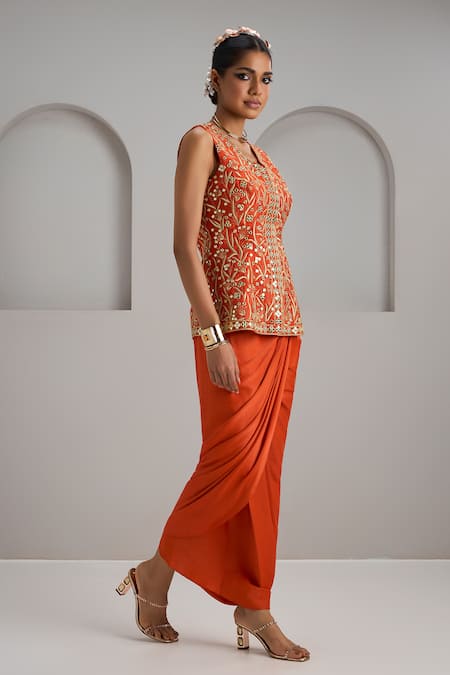 Buy_Maisolos_Orange Silk, Crepe Mirrors, Embroidery V-neck Hand Jacket With Draped Skirt _Online_at_Aza_Fashions