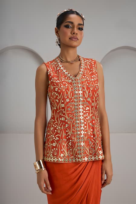 Shop_Maisolos_Orange Silk, Crepe Mirrors, Embroidery V-neck Hand Jacket With Draped Skirt _Online_at_Aza_Fashions