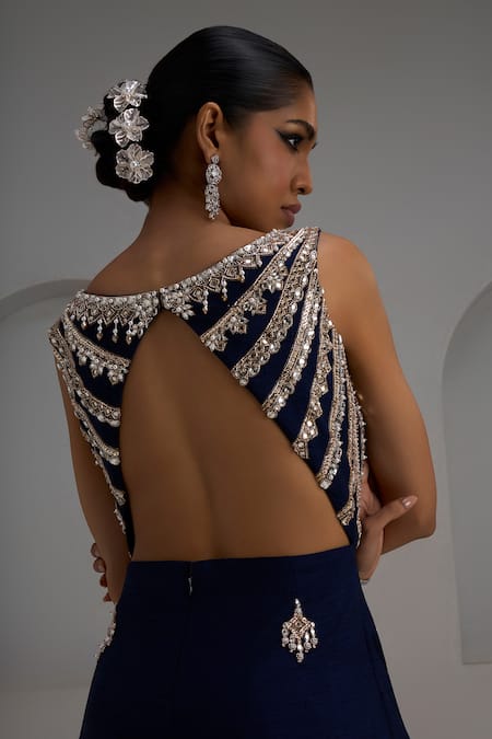 Maisolos_Navy Silk Mirrors, Embroidery Round Neck And Thread Hand Jumpsuit _Online_at_Aza_Fashions