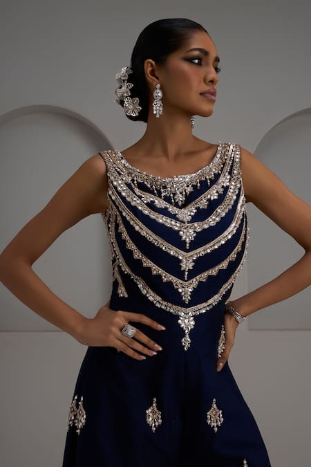 Buy_Maisolos_Navy Silk Mirrors, Embroidery Round Neck And Thread Hand Jumpsuit _Online_at_Aza_Fashions