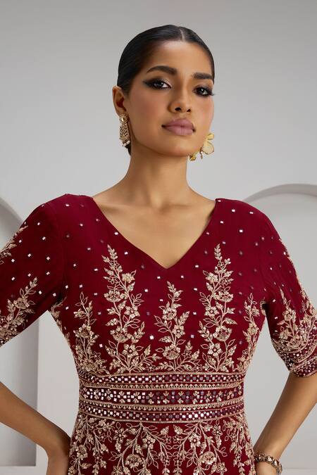 Maisolos_Maroon Georgette Embroidery, Mirrors, Sequins V-neck And Thread Hand Jumpsuit _Online_at_Aza_Fashions