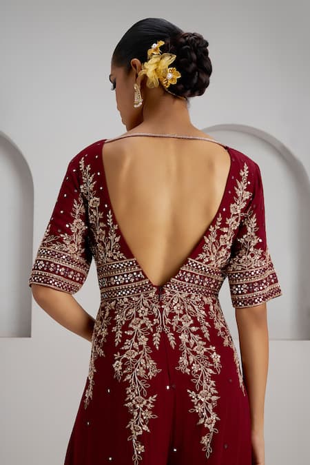 Buy_Maisolos_Maroon Georgette Embroidery, Mirrors, Sequins V-neck And Thread Hand Jumpsuit _Online_at_Aza_Fashions