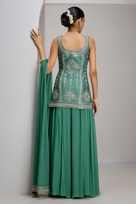 Maisolos Hand Embroidered Raw Silk Kurta Sharara Set 