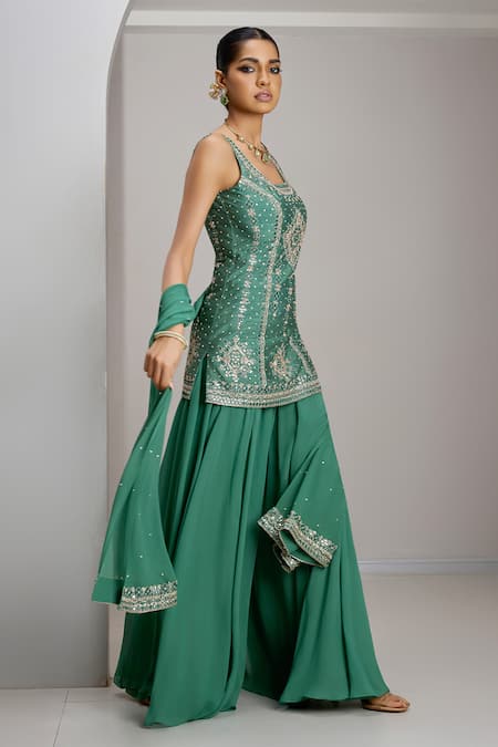 Buy_Maisolos_Green Silk, Georgette Embroidery, Sequins Scoop Hand Raw Kurta Sharara Set _Online_at_Aza_Fashions