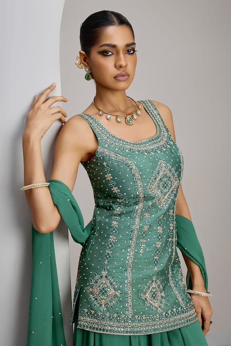 Shop_Maisolos_Green Silk, Georgette Embroidery, Sequins Scoop Hand Raw Kurta Sharara Set _Online_at_Aza_Fashions