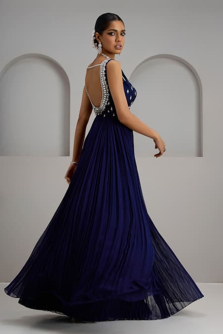 Maisolos_Navy Silk Stones, Embroidery Round Neck Hand Gown _Online_at_Aza_Fashions