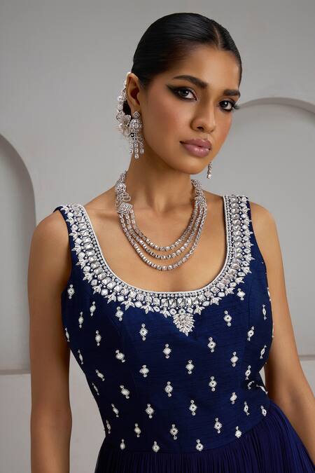 Buy_Maisolos_Navy Silk Stones, Embroidery Round Neck Hand Gown _Online_at_Aza_Fashions