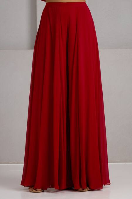 Maisolos_Red Silk, Georgette Embroidery, Zari Round Neck Hand Kurta Sharara Set _Online_at_Aza_Fashions