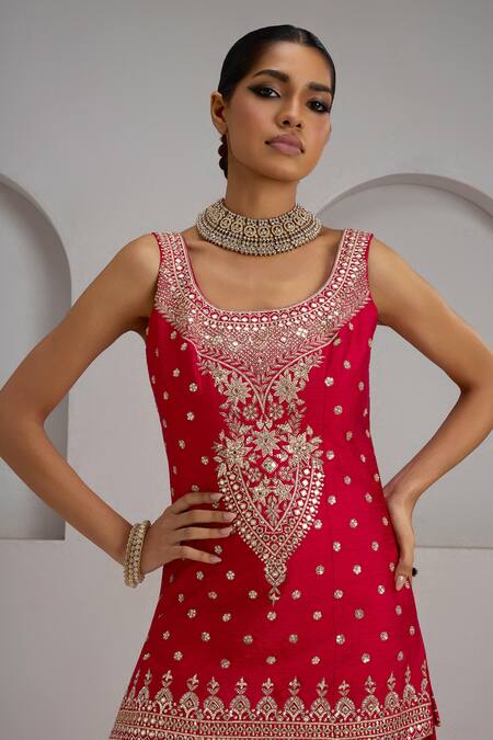 Buy_Maisolos_Red Silk, Georgette Embroidery, Zari Round Neck Hand Kurta Sharara Set _Online_at_Aza_Fashions