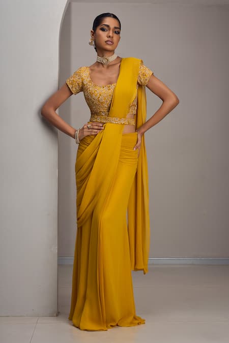 Maisolos Hand Embroidered Blouse With Pre-Draped Saree 