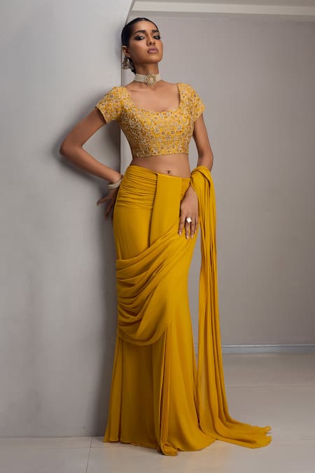 Maisolos_Mustard Georgette, Silk Embroidery, Sequins, Hand Blouse With Pre-draped Saree _Online_at_Aza_Fashions