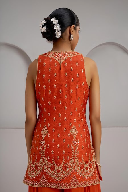 Maisolos_Orange Silk, Georgette Embroidery, Sequins, Zari Floral Hand Kurta Sharara Set _Online_at_Aza_Fashions