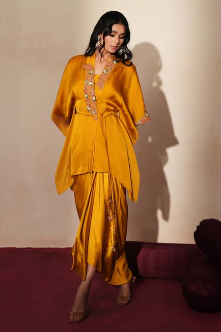 ISHA GUPTA TAYAL_Yellow Satin, Organza Embroidery, Zari, Cut Kanakpriya Top Draped Skirt Set _Online_at_Aza_Fashions