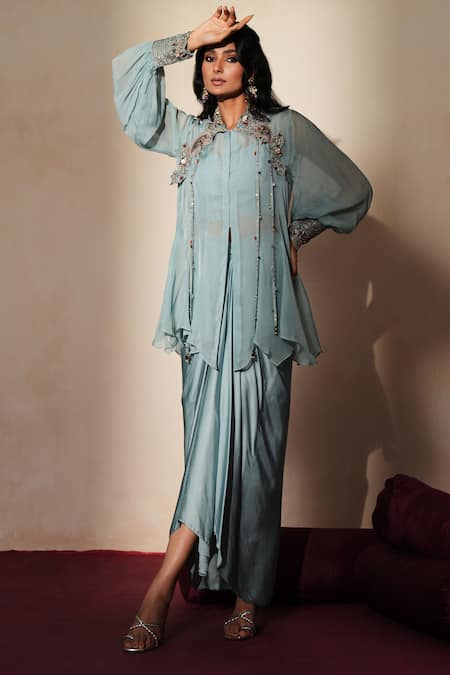 ISHA GUPTA TAYAL_Blue Organza, Satin Embroidery, Cut Work Neelkamal Shirt Draped Skirt Set _Online_at_Aza_Fashions