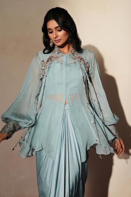 Shop_ISHA GUPTA TAYAL_Blue Organza, Satin Embroidery, Cut Work Neelkamal Shirt Draped Skirt Set _Online_at_Aza_Fashions