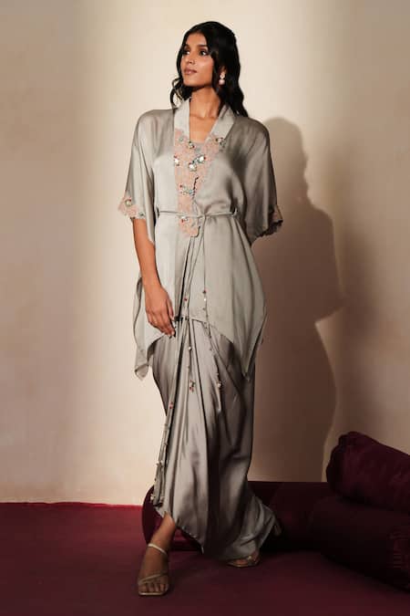 Buy_ISHA GUPTA TAYAL_Gray Satin, Organza Embroidery, Cut Work, Metallic Aiyana Top Draped Skirt Set _Online_at_Aza_Fashions
