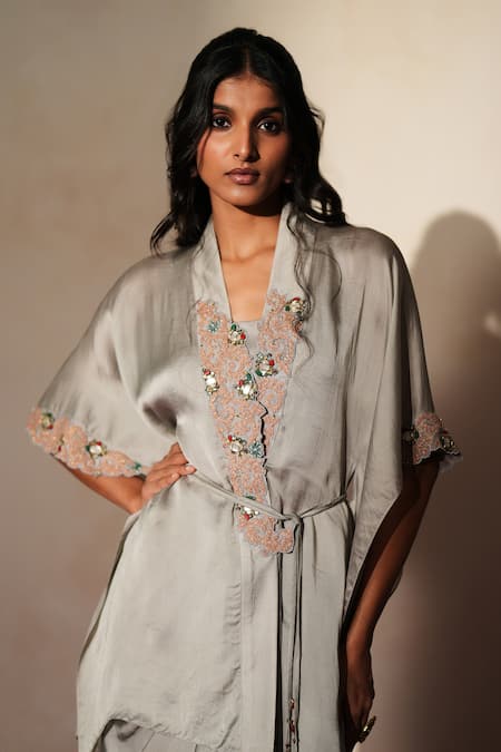 Shop_ISHA GUPTA TAYAL_Gray Satin, Organza Embroidery, Cut Work, Metallic Aiyana Top Draped Skirt Set _Online_at_Aza_Fashions