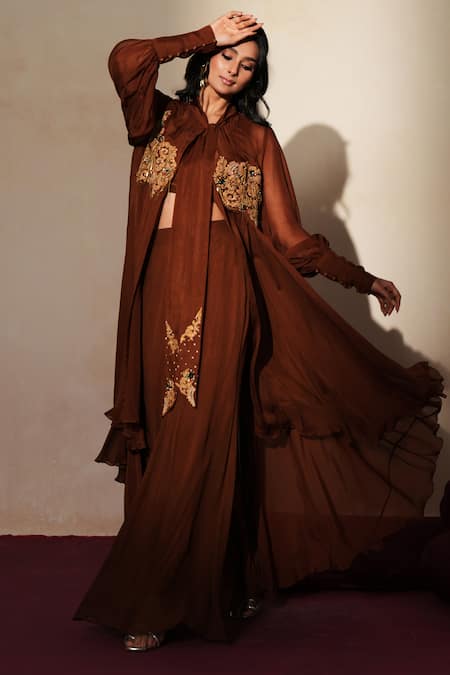 ISHA GUPTA TAYAL_Brown Organza Embroidery, Stones, Cut Work Open Neck, Ruhani Jacket Pant Set _Online_at_Aza_Fashions