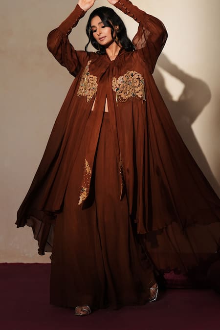 Buy_ISHA GUPTA TAYAL_Brown Organza Embroidery, Stones, Cut Work Open Neck, Ruhani Jacket Pant Set _Online_at_Aza_Fashions
