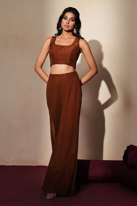 ISHA GUPTA TAYAL_Brown Organza Embroidery, Stones, Cut Work Open Neck, Ruhani Jacket Pant Set _at_Aza_Fashions