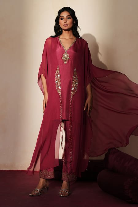 ISHA GUPTA TAYAL_Purple Silk Embroidery, Beads, Tassels V-neck, Open Ratnika Cape And Kurta Set _Online_at_Aza_Fashions