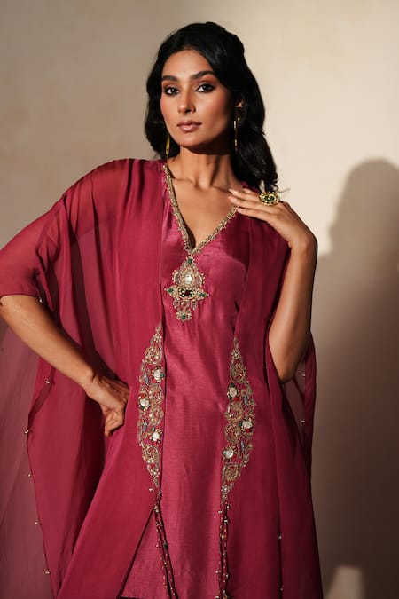 Shop_ISHA GUPTA TAYAL_Purple Silk Embroidery, Beads, Tassels V-neck, Open Ratnika Cape And Kurta Set _Online_at_Aza_Fashions