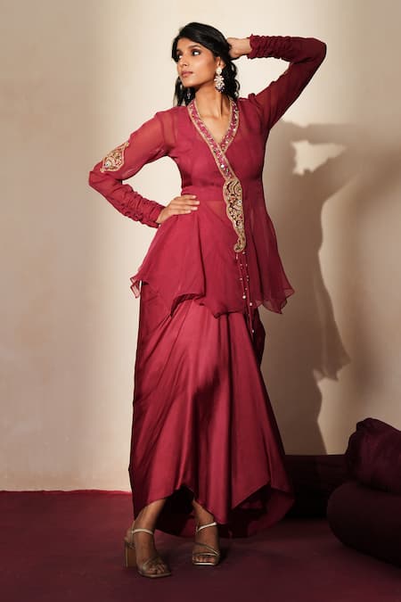 ISHA GUPTA TAYAL_Purple Organza Embroidery, Stones, Tassels V-neck, Itr Shirt And Draped Skirt Set _Online_at_Aza_Fashions