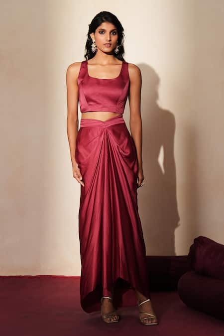 Buy_ISHA GUPTA TAYAL_Purple Organza Embroidery, Stones, Tassels V-neck, Itr Shirt And Draped Skirt Set _Online_at_Aza_Fashions